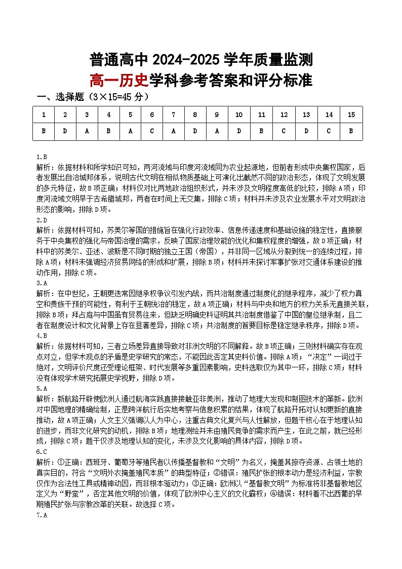 恩施州普通高中2024-2025学年高一质量监测考试 历史答案.docx第1页