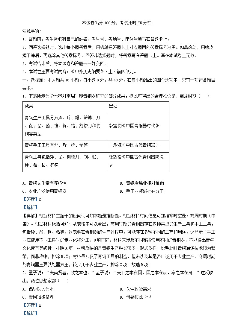 四川省2024_2025学年高一历史上学期12月月考试题含解析第1页