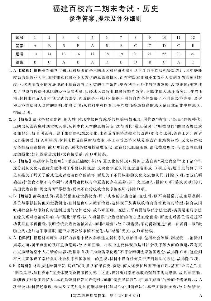 福建省百校2024-2025学年高二下学期期末考试 历史答案.pdf第1页