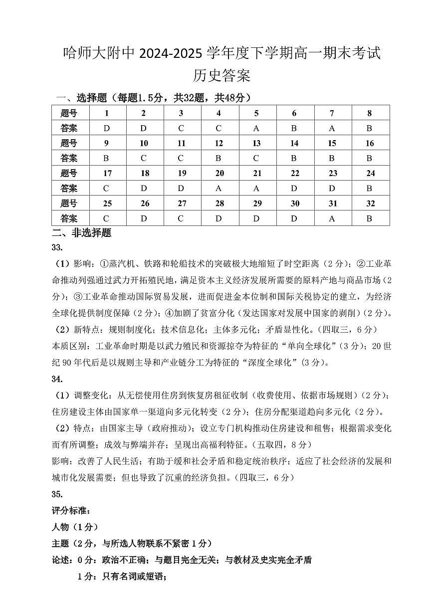 哈师大附中2024~2025学年度下学期高一期末考试历史答案第1页