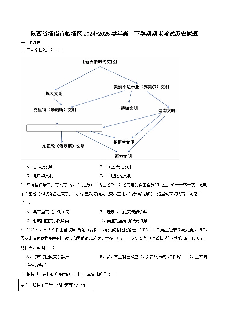 陕西省渭南市临渭区2024-2025学年高一下学期期末教学质量调研历史试卷（含答案）第1页