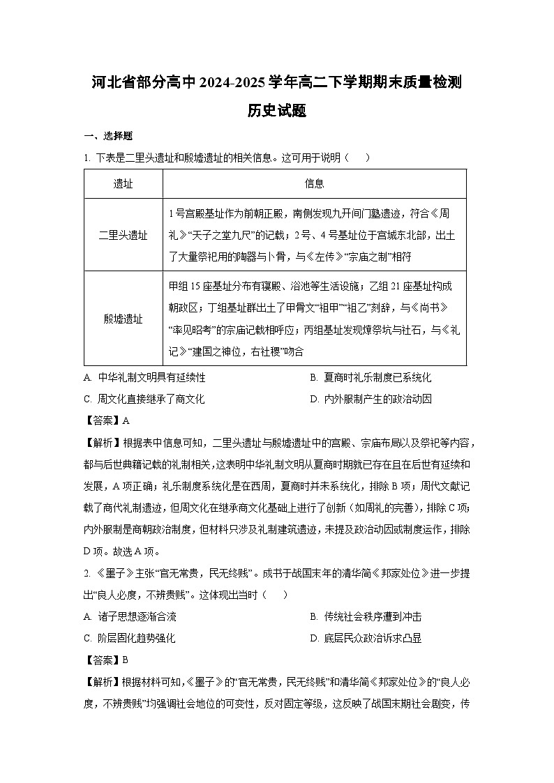 河北省部分高中2024-2025学年高二下学期期末质量检测历史试卷（解析版）第1页