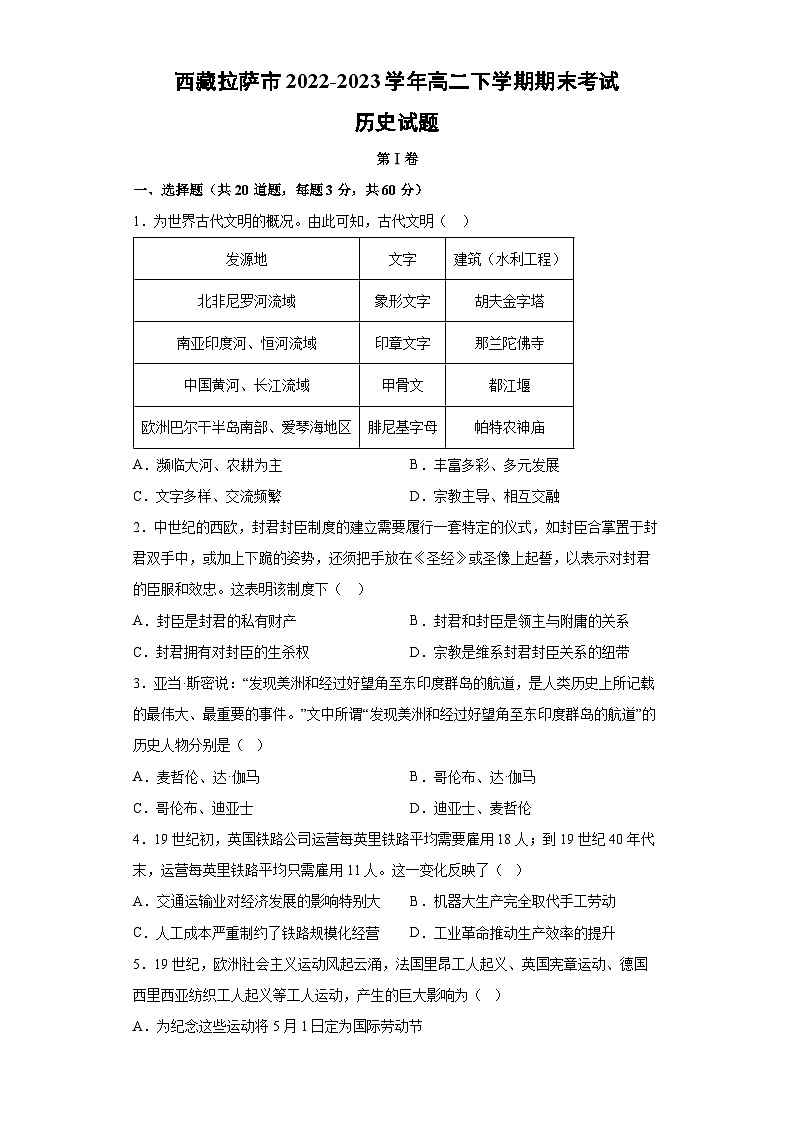 西藏拉萨市2022-2023学年高二下学期期末考试历史试卷（解析版）第1页
