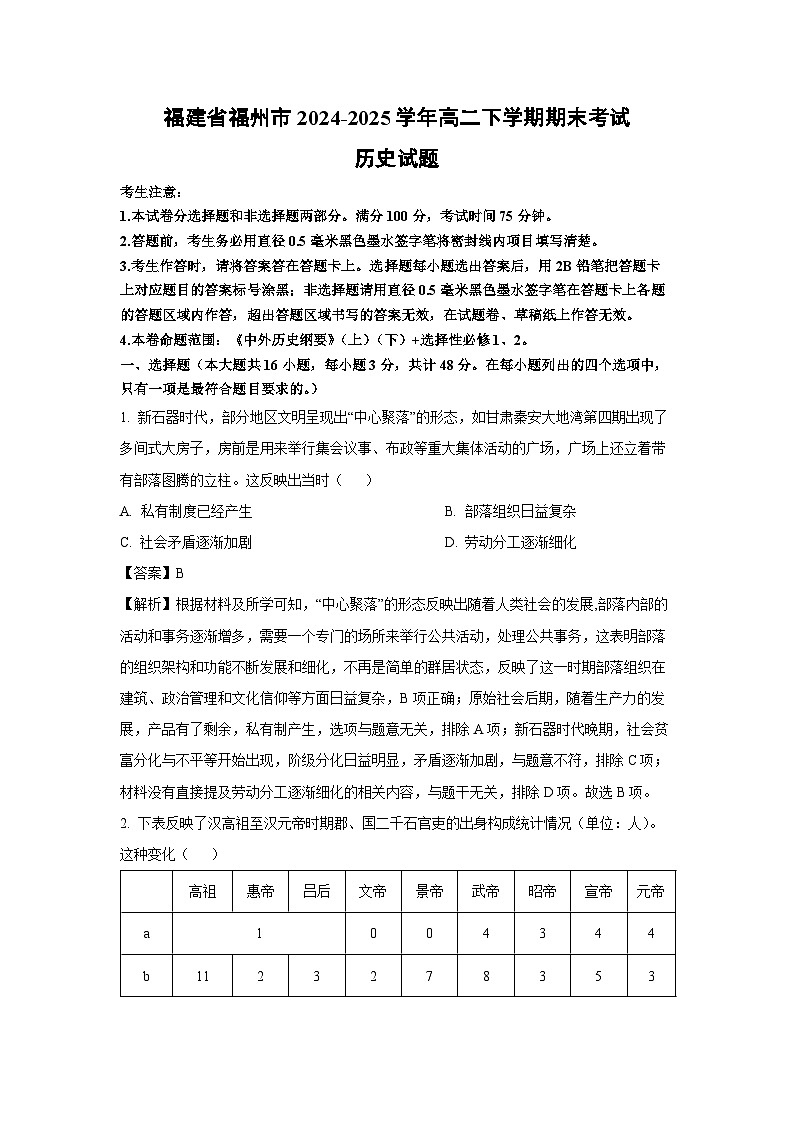福建省福州市2024-2025学年高二下学期期末考试历史试卷（解析版）第1页