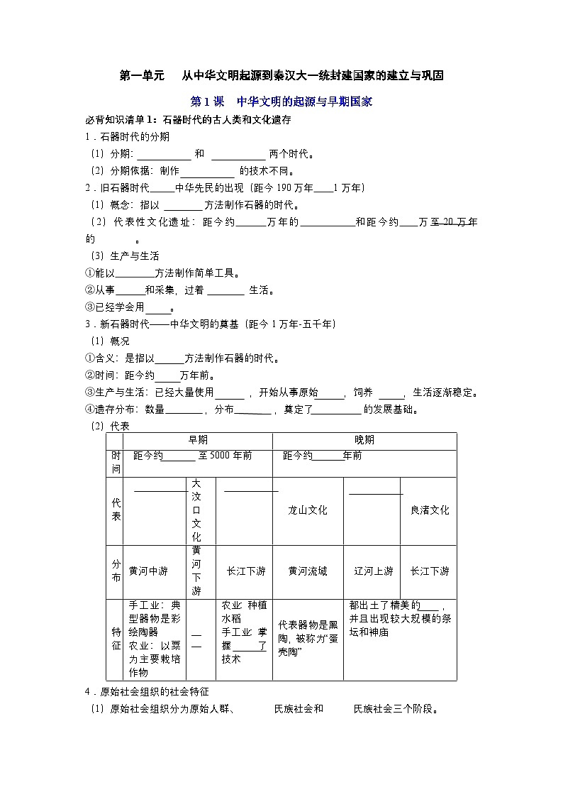 第一单元 从中华文明起源到秦汉大一统封建国家的建立与巩固（学生版）第1页