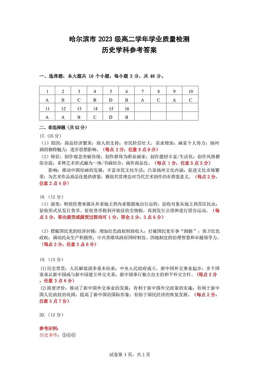 哈尔滨市2023级高二学年学业质量检测 历史答案.pdf第1页