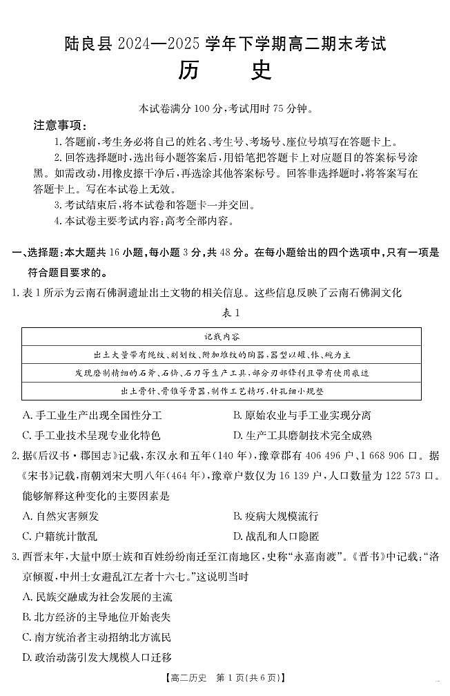 云南省曲靖市陆良县2024-2025学年高二下学期期末考试 历史试卷+答案第1页