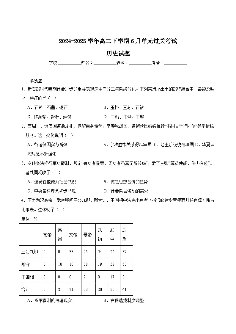 山东省滕州市第一中学2024-2025学年高二下学期6月单元过关考试历史试卷（Word版附答案）第1页