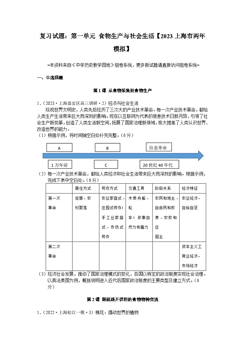 高考历史一轮复习 第一单元 食物生产与社会生活 2023上海市两年模拟 (zxls.com)-学生用卷第1页