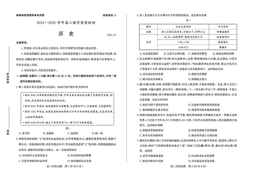 山东省枣庄2025届新高二下学期7月期末考-历史试题+答案第1页