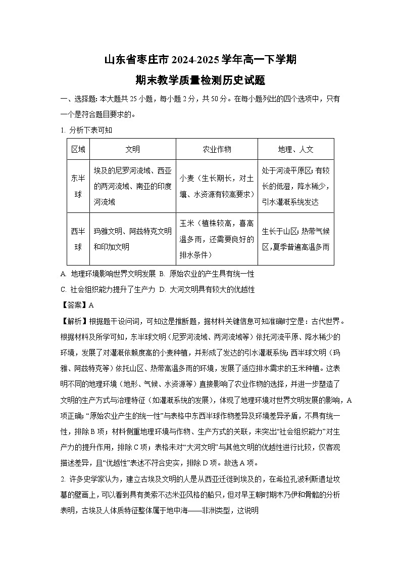 山东省枣庄市2024-2025学年高一下学期期末教学质量检测历史试题（解析版）第1页