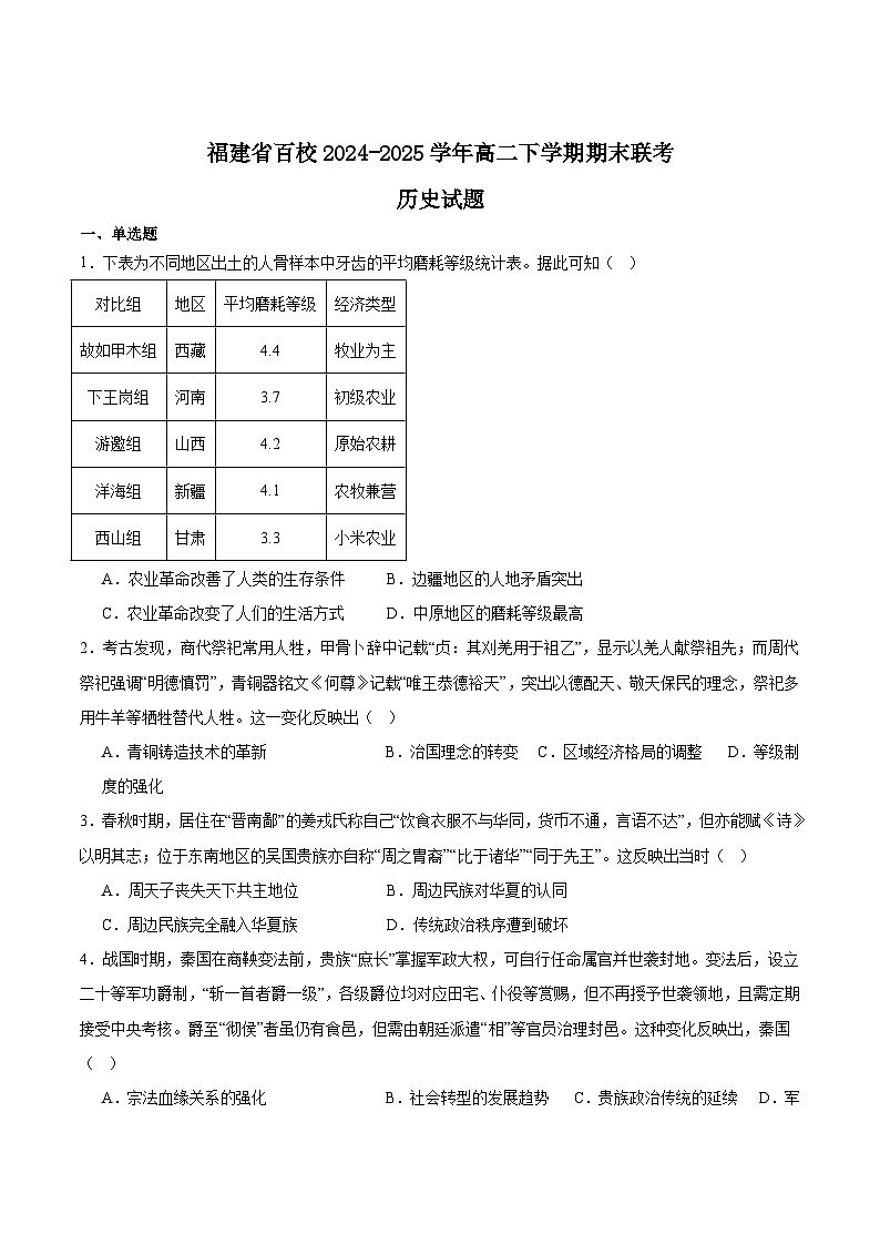 福建省百校2024-2025学年高二下学期期末考试历史试题（Word版附答案）第1页