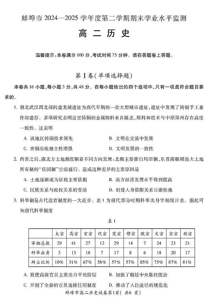 安徽省蚌埠市2024-2025年高二下学期期末考试 历史 PDF版含答案第1页