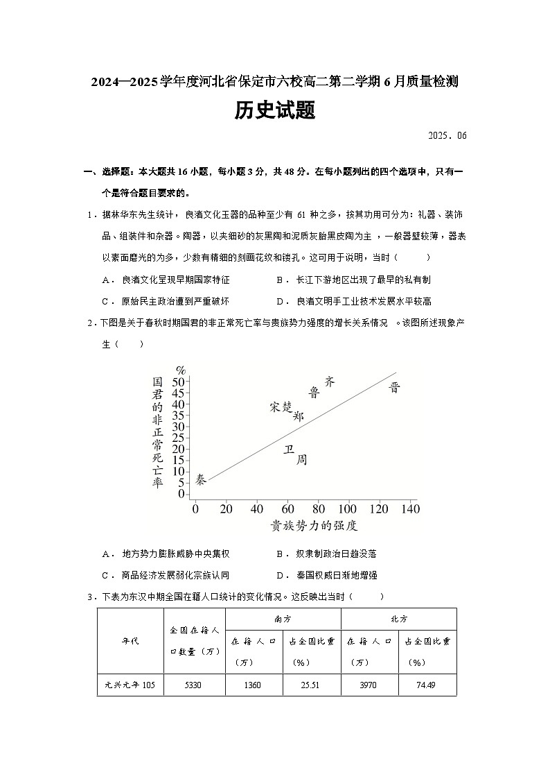 2024—2025学年度河北省保定市六校高二下学期6月质量检测历史试题（含答案）第1页