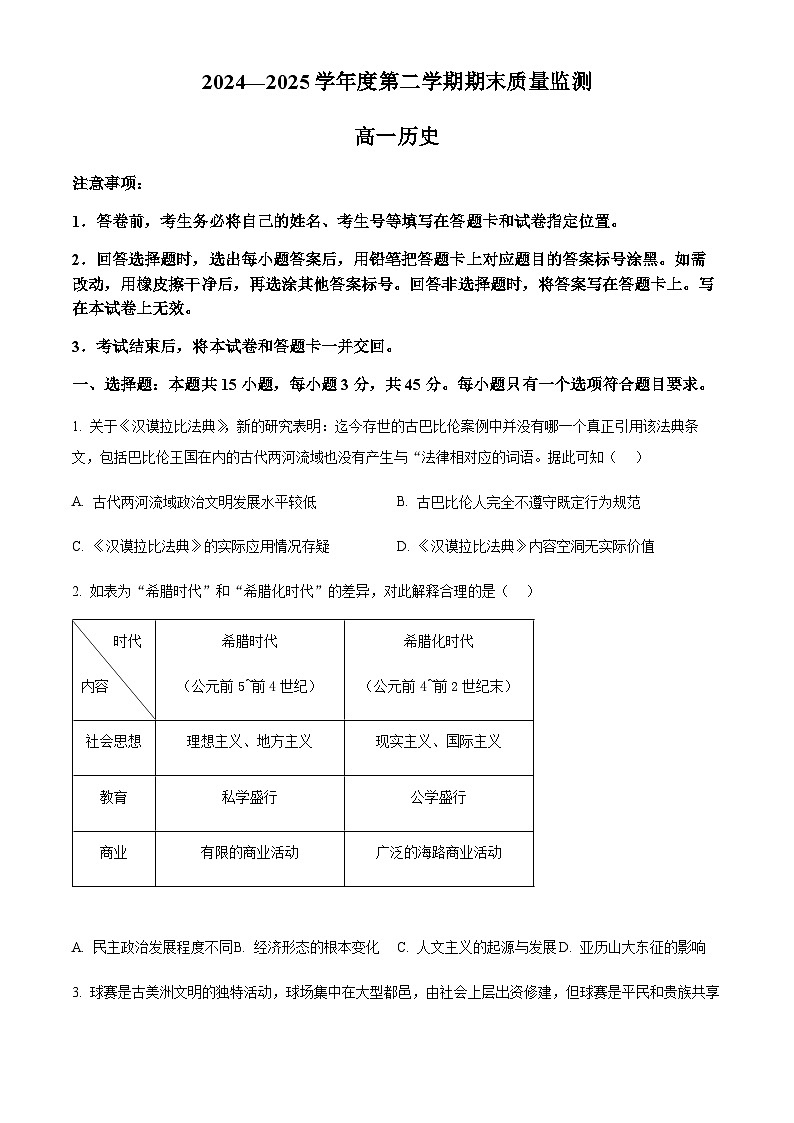 山东省东营市2024-2025学年高一下学期期末质量监控历史试题（含答案）第1页