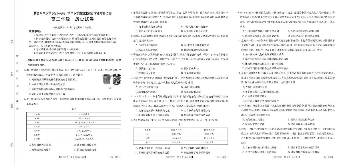 云南省楚雄州2023-2024学年高二下学期期末教育学业质量监测历史试卷+答案第1页