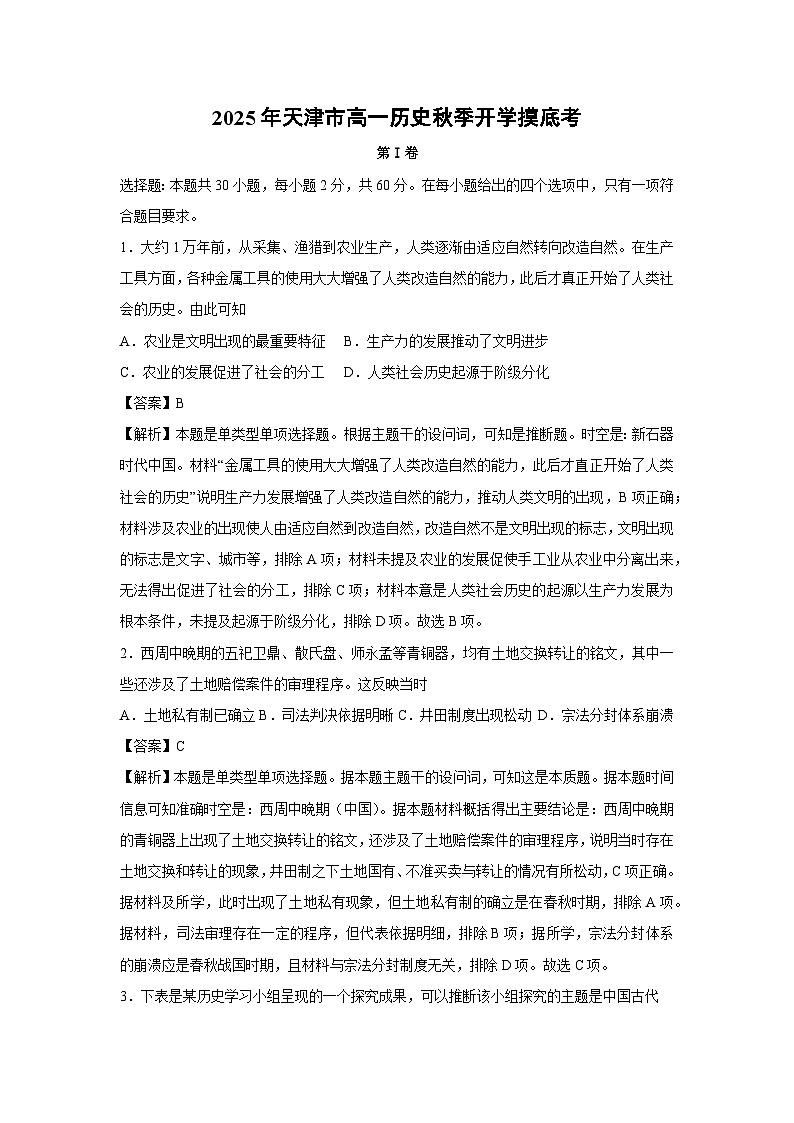 2025年天津市高一秋季开学摸底考历史试题（解析版）第1页