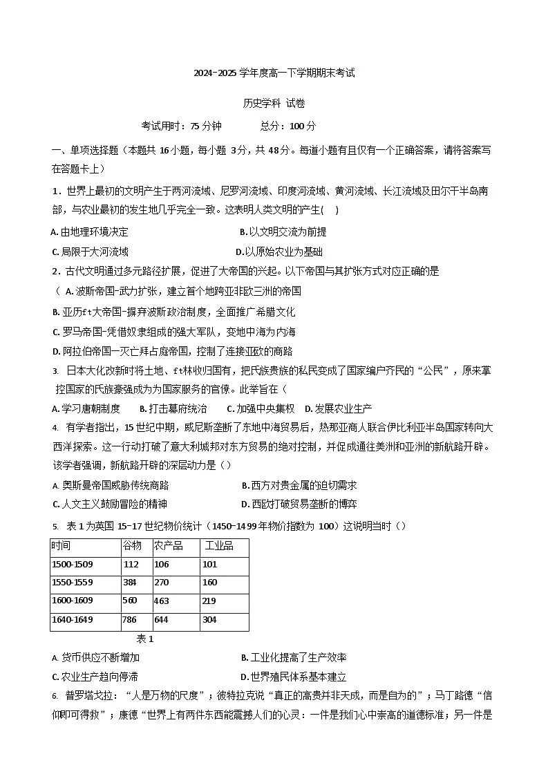 吉林省、黑龙江省六校联考2024-2025学年高一下学期7月期末考试 历史试卷第1页