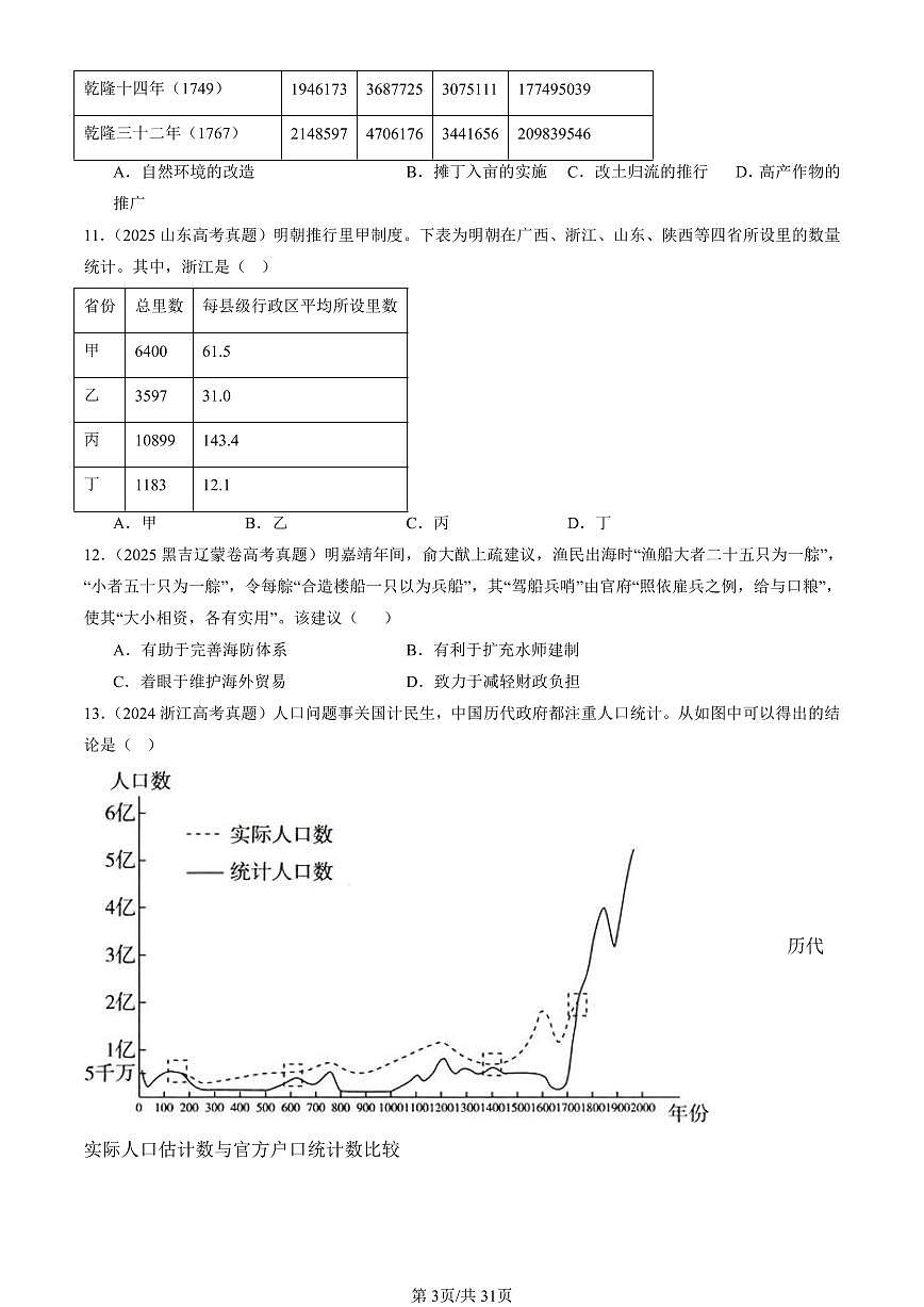 2023-2025全国高考真题历史汇编：明清中国版图的奠定与面临的挑战章节综合 有答案解析第3页