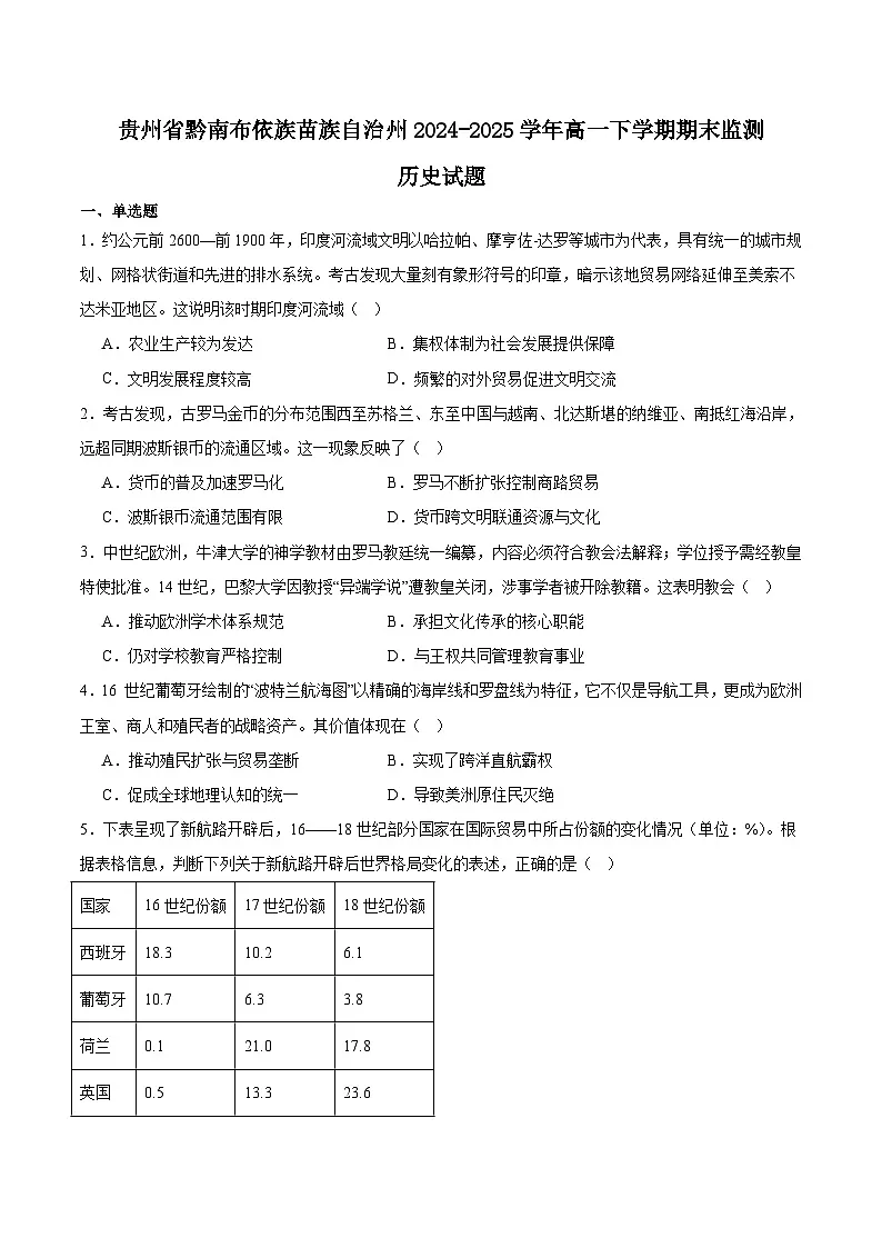 贵州省黔南州2024-2025学年高一下学期期末考试历史试题（Word版附答案）第1页