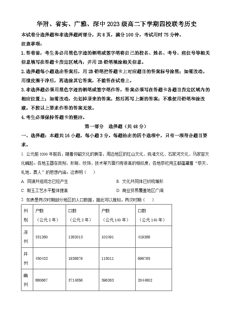 精品解析：广东省华附、省实、广雅、深中2024~2025学年高二下学期四校期末联考历史试题（原卷版）第1页