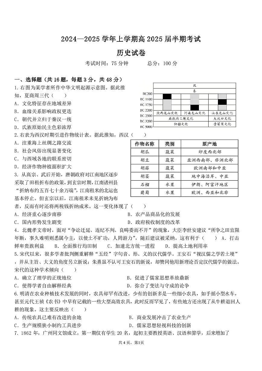 四川省成都市第七中学2024-2025学年高三上学期11月期中考试历史试卷+答案第1页