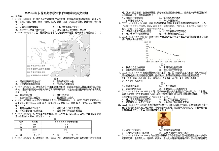 2025年山东省普通高中学业水平选择性考试历史试题（试卷+答案）第1页