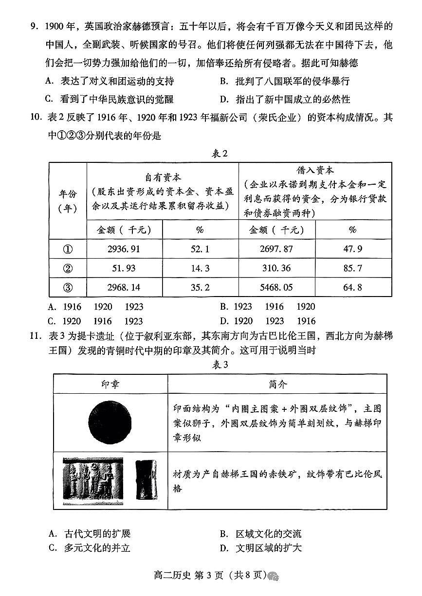 山东省潍坊市2024年7月高二年级下学期期末学习质量检测历史试题卷+答案第3页