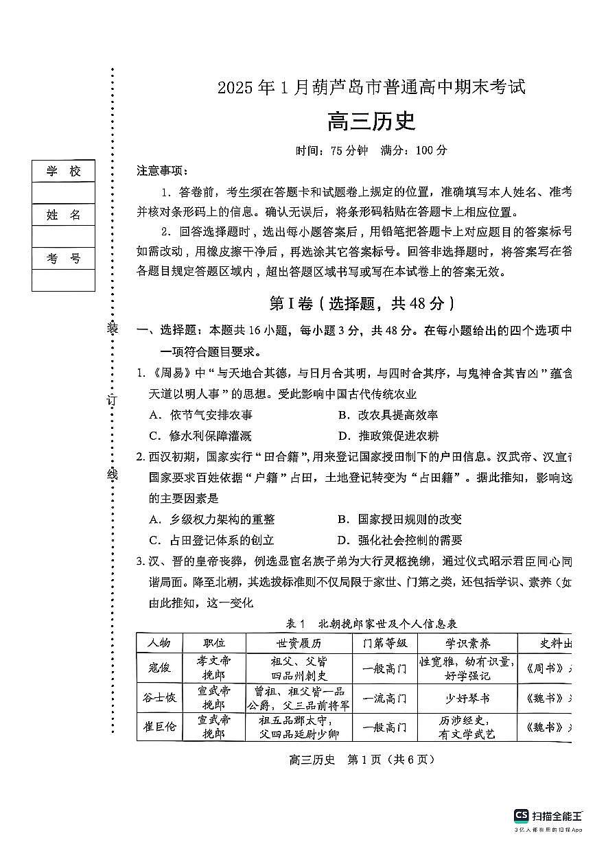 辽宁省葫芦岛市2024-2025学年高三上学期期末试题历史试题+答案第1页
