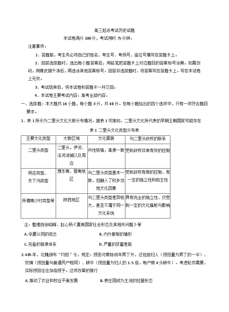 安徽省皖西南示范中学2025-2026学年高三上学期起点考试历史试题（含答案）第1页