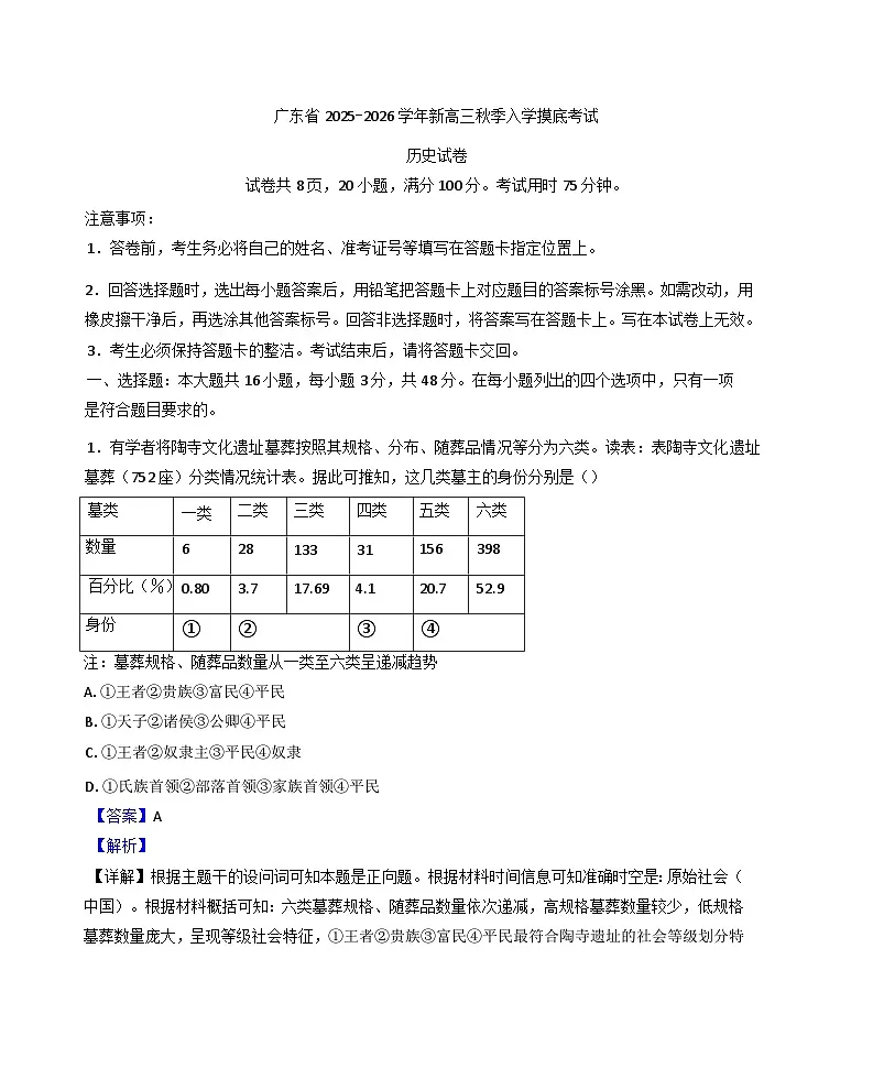 广东省部分学校2025-2026学年高三上学期入学摸底考试历史试题（解析版）第1页