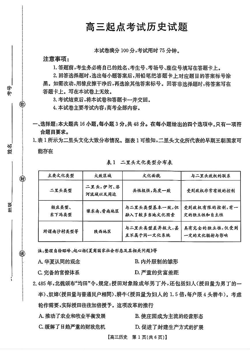 【历史】金太阳·安徽省皖西南高中振兴发展联盟高三起点考试（26-04C）第1页