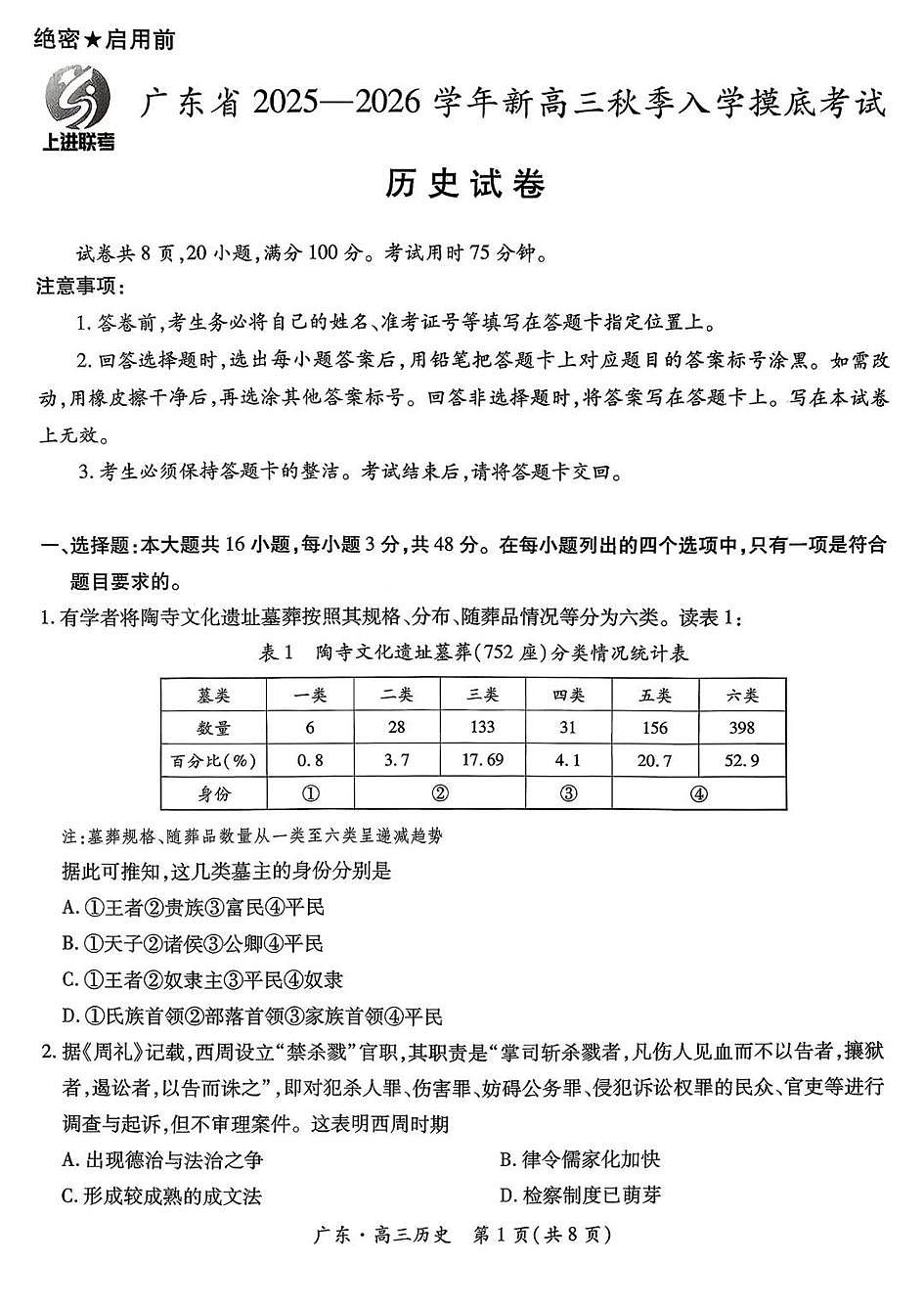 上进联考2025-2026学年新高三秋季入学摸底考试历史第1页