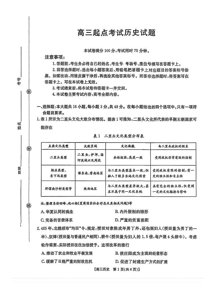 金太阳·安徽省皖西南高中振兴发展联盟高三上开学起点考试 历史试卷（含答案详解）第1页
