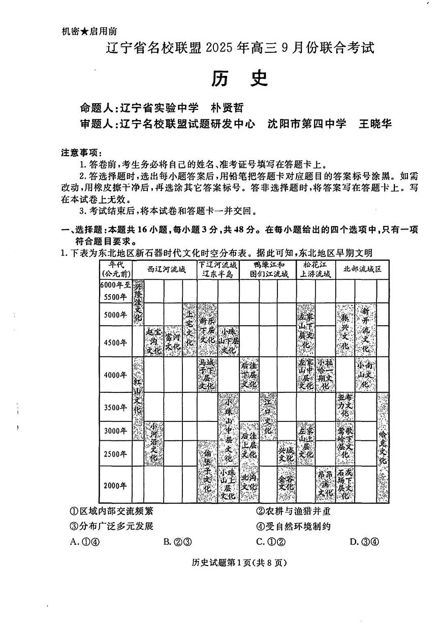 辽宁省名校联盟2026届高三上学期9月份联合考-历史试题+答案第1页