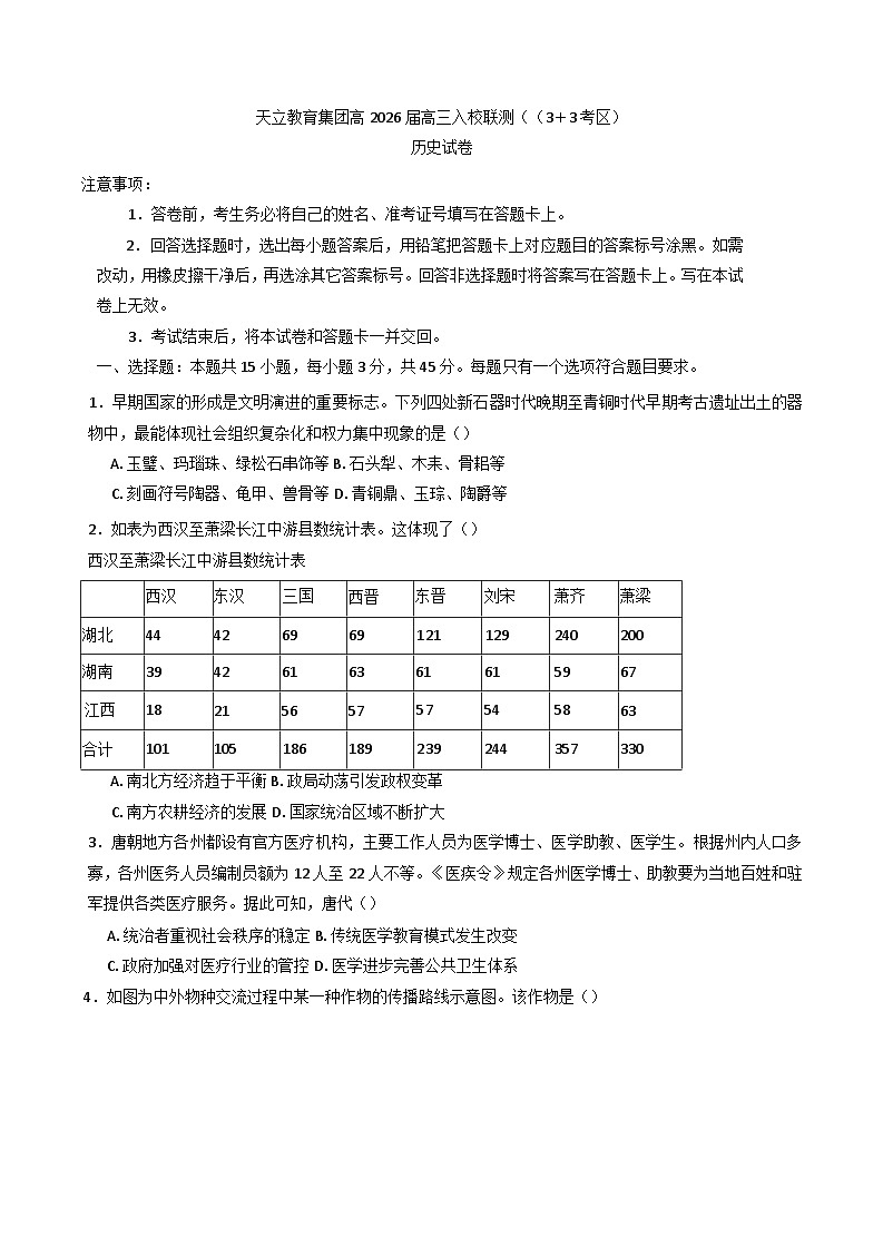 山东省日照神州天立高级中学教育集团2025-2026学年高三上学期入学考试历史试题（含答案）第1页