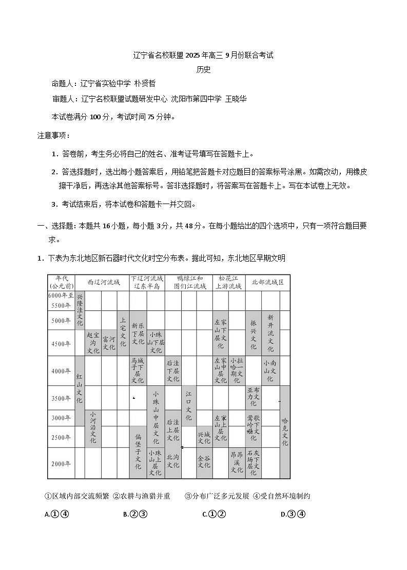 辽宁省名校联盟2025-2026学年高二上学期9月份联合考试历史试题（含解析）第1页