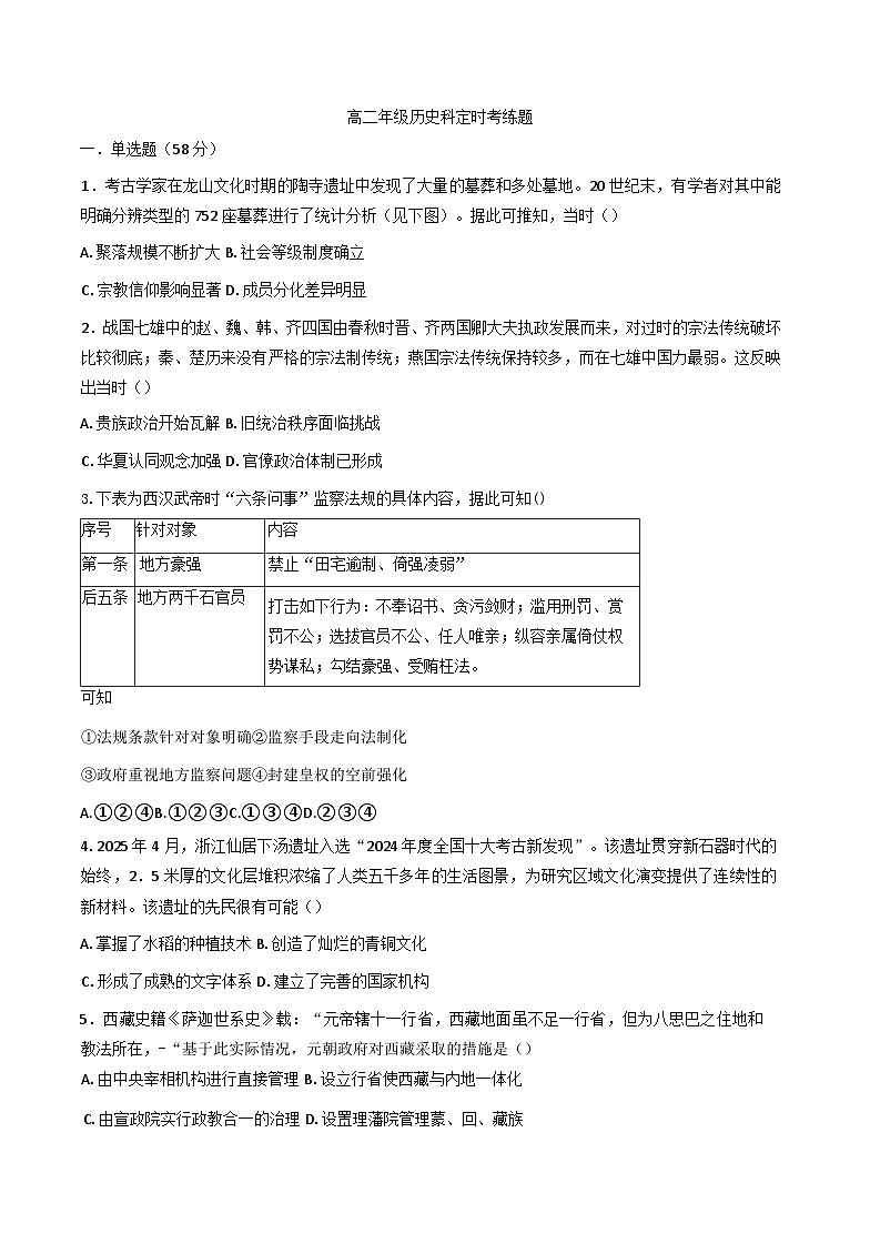 陕西省宝鸡市某校2025-2026学年高二上学期开学定时考历史试卷（含答案）第1页