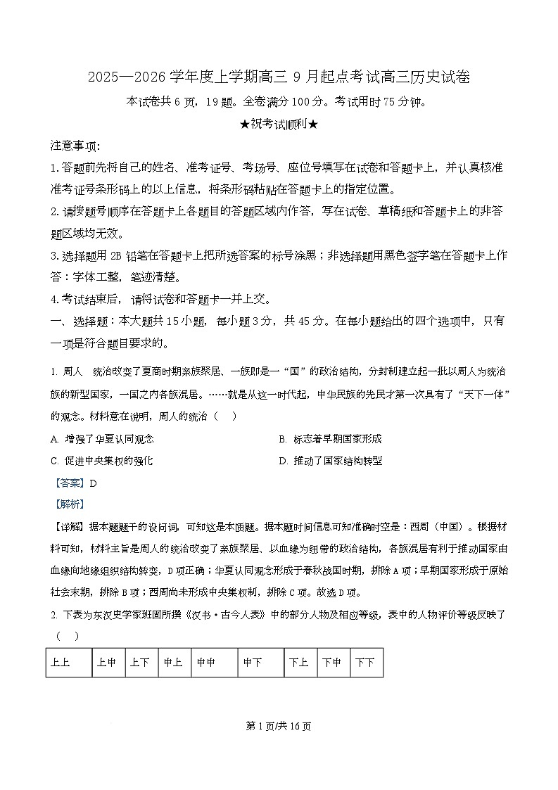 湖北省楚天协作体2026届高三上学期9月起点考试历史试题 Word版含解析第1页