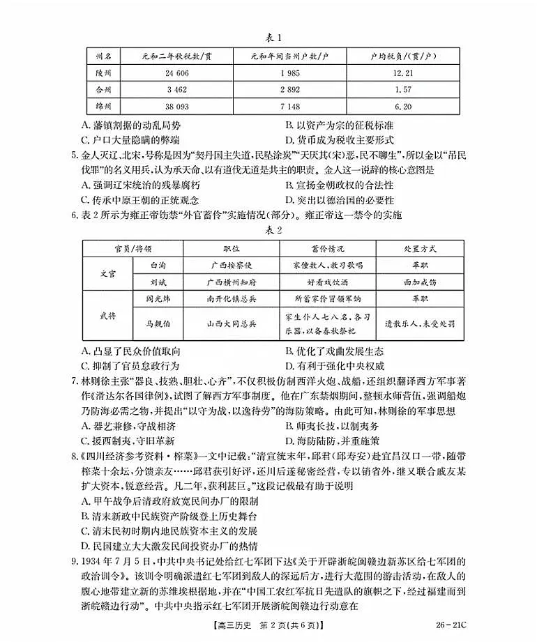 河北省衡水市桃城区2026届高三上学期暑假开学考试+历史试卷（含答案）第2页