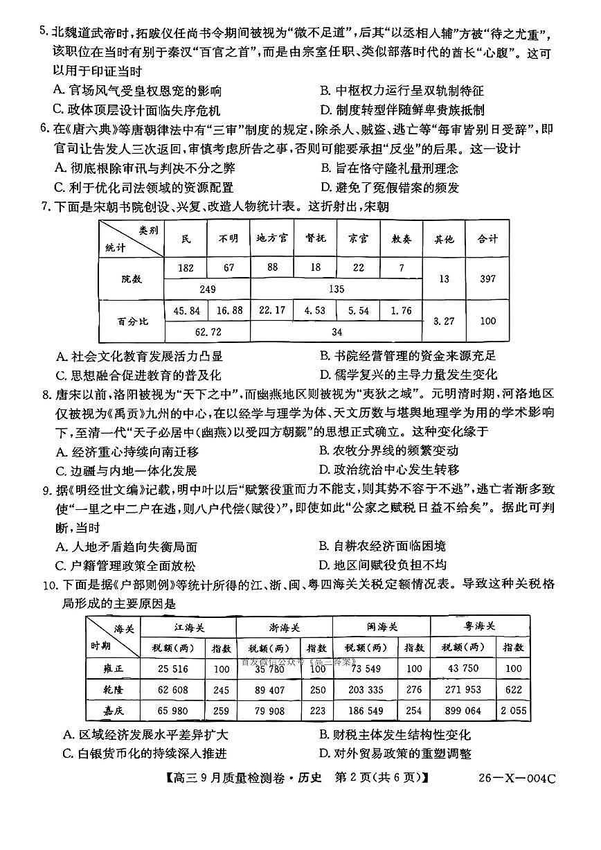 2025年高三上学期开学9月历史试题及答案第2页