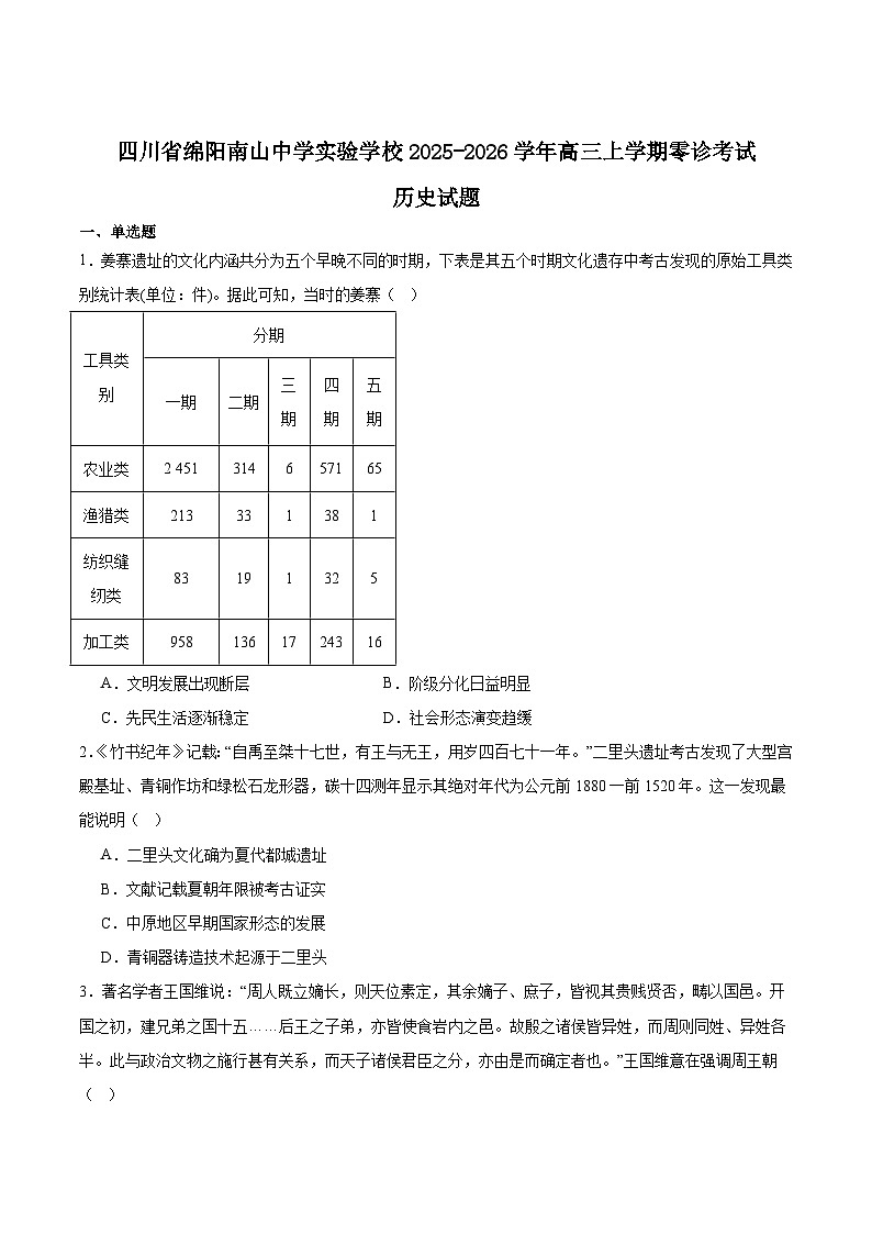 绵阳南山中学实验学校2026届高三上学期9月零诊考试历史试卷（含答案）第1页