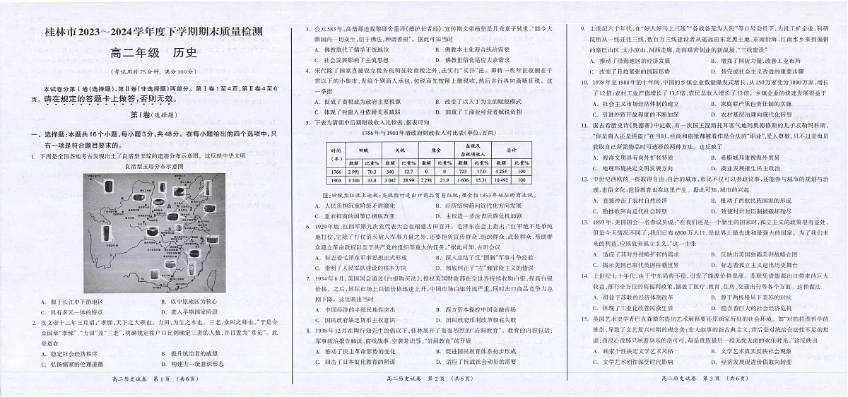 广西桂林市2023-2024学年高二下学期期末质量检测历史试卷+答案第1页
