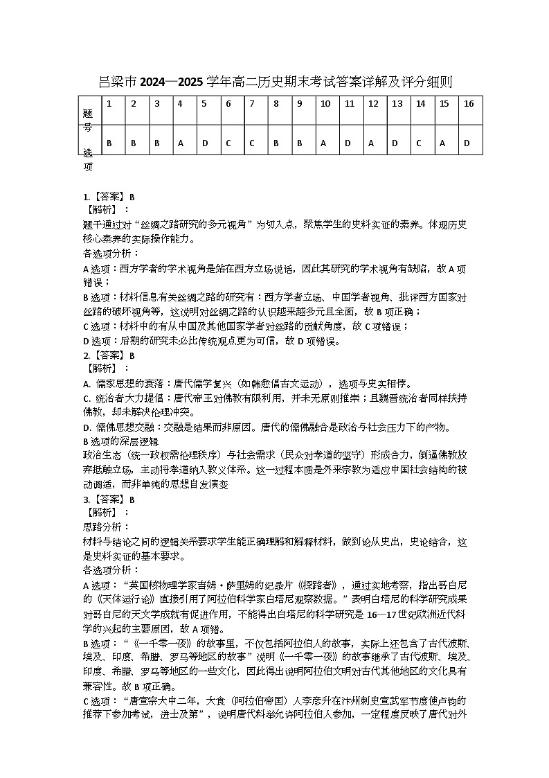山西省吕梁市2024-2025学年高二下学期期末调研测试历史试卷+答案第1页