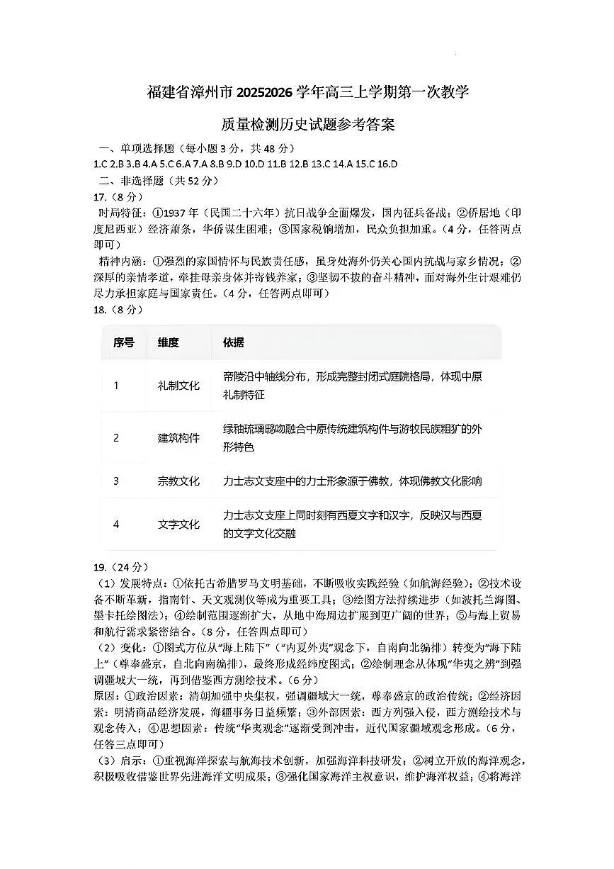 【历史答案】漳州市2026届高中毕业班第一次质量检测第1页
