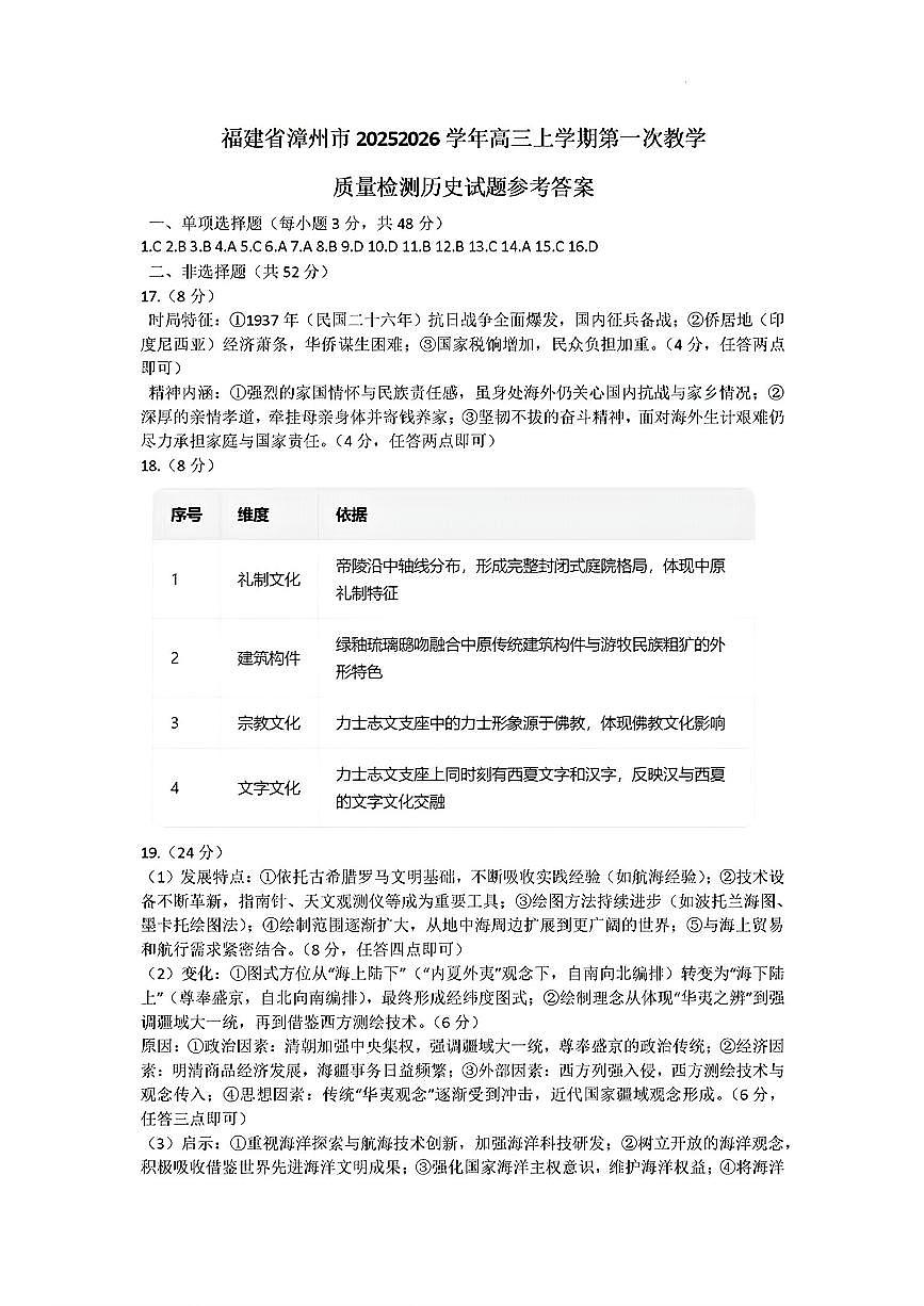 【历史答案】漳州市2026届高中毕业班第一次质量检测第1页