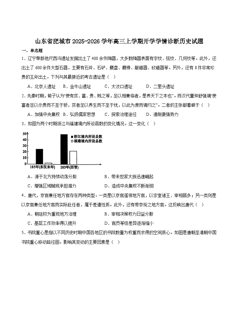 山东省泰安市肥城市2026届高三上学期开学考试历史试卷（含答案）第1页