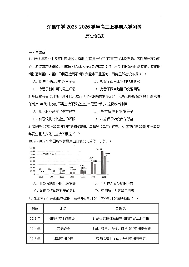 四川省荣县中学校2025-2026学年高二上学期入学测试历史试卷第1页