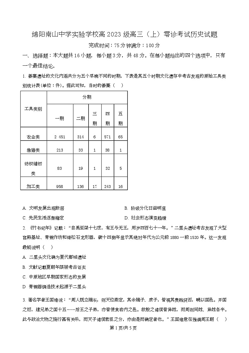 四川省绵阳市南山中学实验学校2026届高三上学期9月月考历史试题（原卷版）第1页