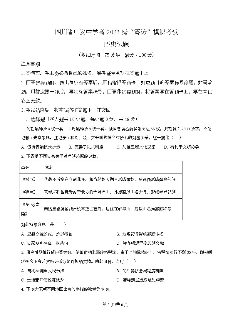 四川省广安市广安中学2026届高三上学期“零诊”模拟考试历史试题（原卷版）第1页